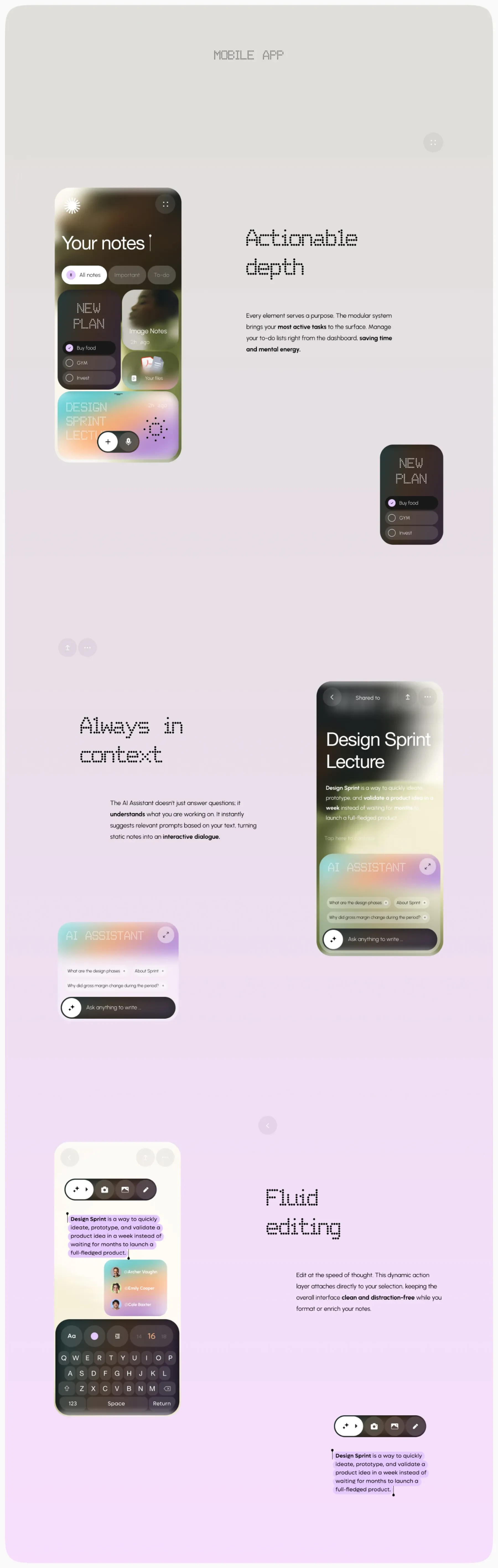 My Notes app feature screens — modular tasks, AI prompts and fluid editing