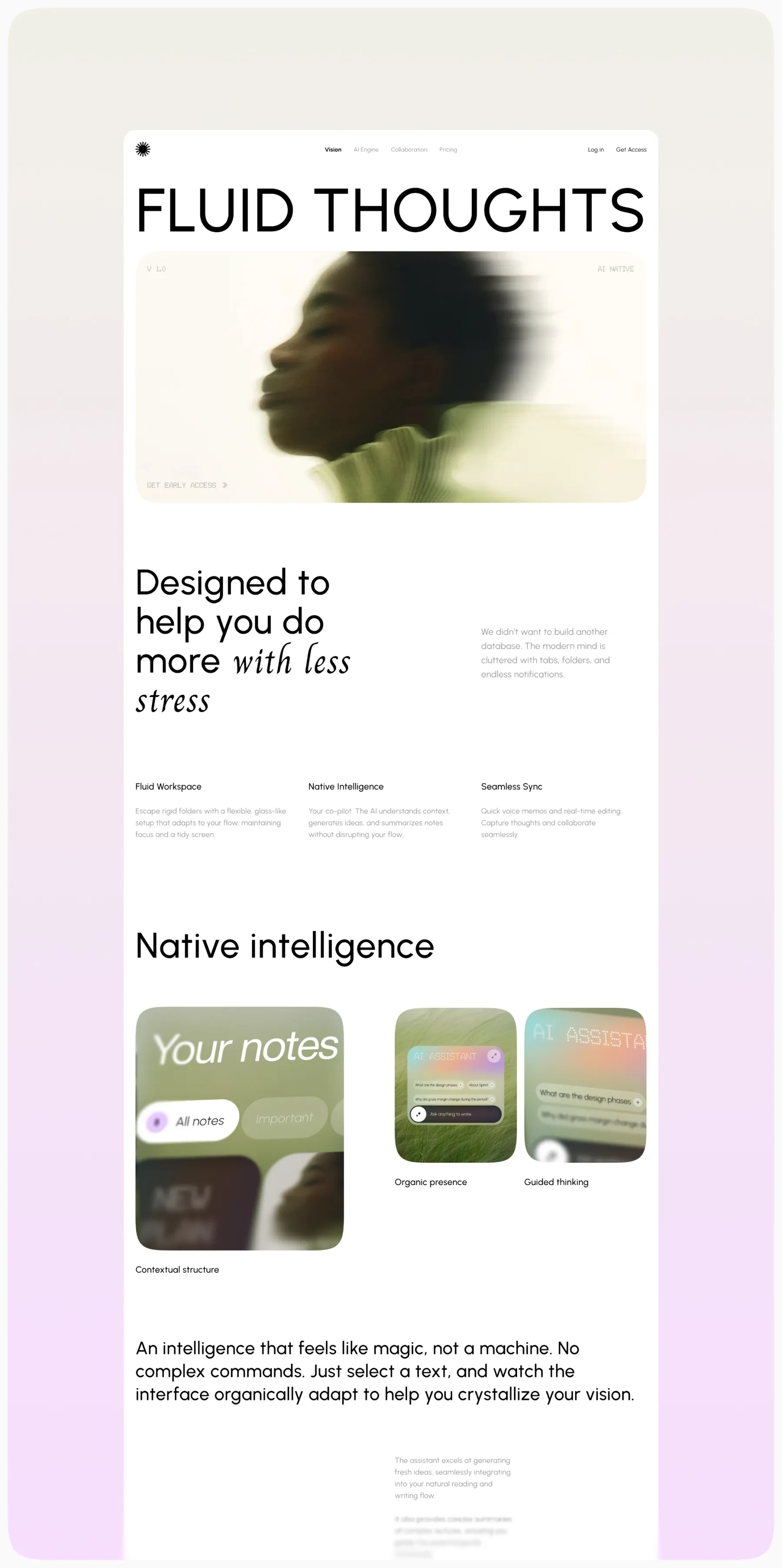 My Notes landing page design — Fluid Thoughts hero and feature pillars